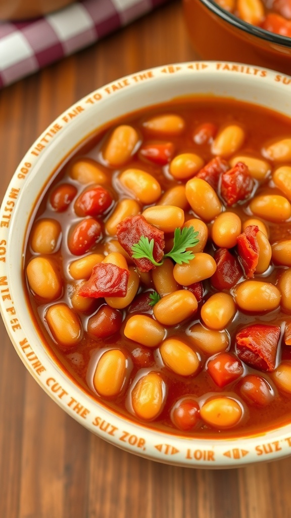 Classic Baked Beans Recipe A bowl of classic baked beans with navy beans and bacon, garnished with parsley, on a rustic wooden table.